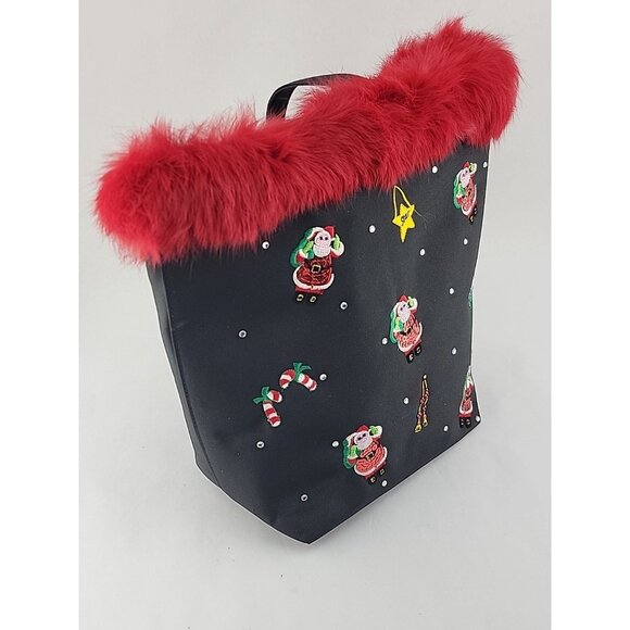 VTG Christmas Holiday Tote Bag Black Red Faux Fur Trim Embroidered Santa Sequin - Picture 12 of 14